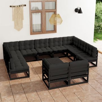 Set mobilier grădină cu perne, 12 piese, negru, lemn masiv pin