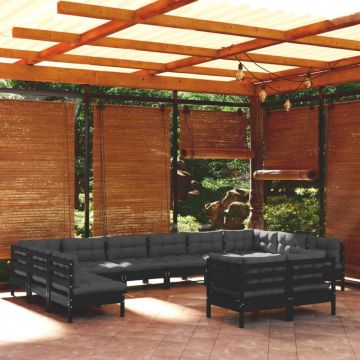 Set mobilier grădină cu perne, 12 piese, negru, lemn masiv pin