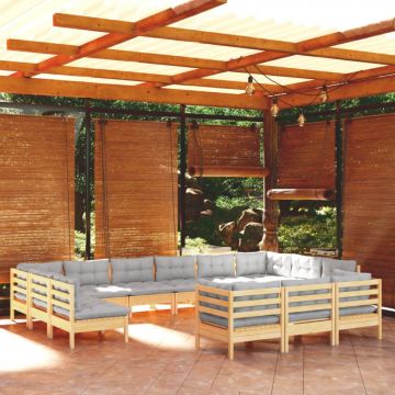 Set mobilier grădină cu perne, 13 piese, gri, lemn de pin
