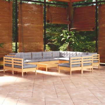 Set mobilier grădină cu perne, 13 piese, gri, lemn masiv pin