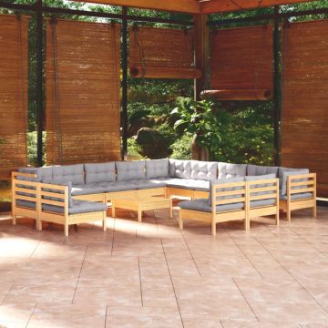 Set mobilier grădină cu perne, 14 piese, gri, lemn masiv pin