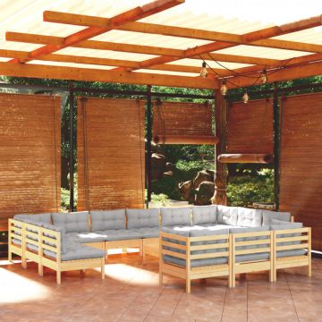 Set mobilier grădină cu perne, 14 piese, gri, lemn masiv pin