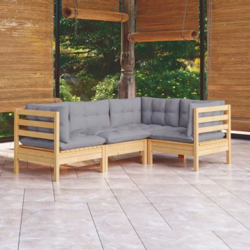 Set mobilier grădină cu perne, 4 piese, gri, lemn de pin