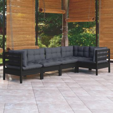 Set mobilier grădină cu perne, 5 piese, negru, lemn de pin