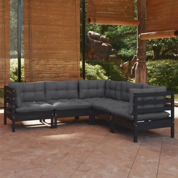 Set mobilier grădină cu perne, 5 piese, negru, lemn masiv pin
