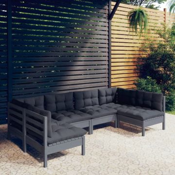 Set mobilier grădină cu perne, 6 piese, gri, lemn masiv pin