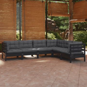 Set mobilier grădină cu perne, 6 piese, negru, lemn de pin
