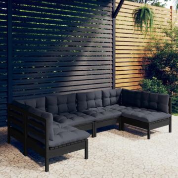 Set mobilier grădină cu perne, 6 piese, negru, lemn masiv pin