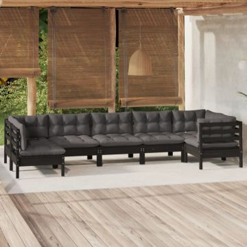 Set mobilier grădină cu perne, 7 piese, negru, lemn de pin