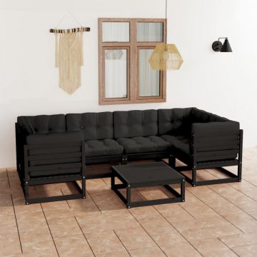 Set mobilier grădină cu perne, 7 piese, negru, lemn masiv pin
