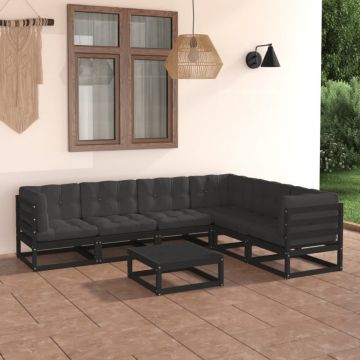 Set mobilier grădină cu perne, 7 piese, negru, lemn masiv pin