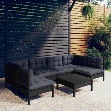 Set mobilier grădină cu perne, 7 piese, negru, lemn masiv pin