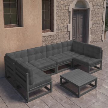 Set mobilier grădină cu perne, 7 piese, negru, lemn masiv pin