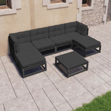 Set mobilier grădină cu perne, 7 piese, negru, lemn masiv pin