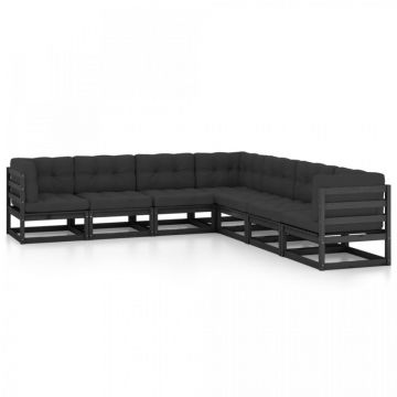 Set mobilier grădină cu perne, 7 piese, negru, lemn masiv pin