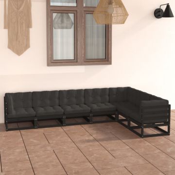 Set mobilier grădină cu perne, 7 piese, negru, lemn masiv pin