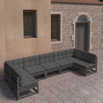 Set mobilier grădină cu perne, 7 piese, negru, lemn masiv pin