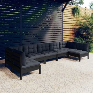 Set mobilier grădină cu perne, 7 piese, negru, lemn masiv pin