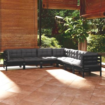 Set mobilier grădină cu perne, 7 piese, negru, lemn masiv pin