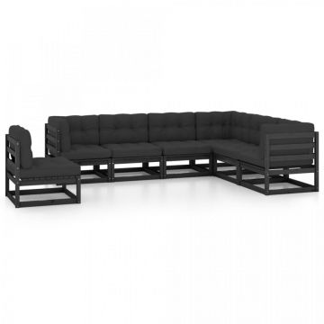 Set mobilier grădină cu perne, 7 piese, negru, lemn masiv pin
