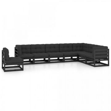 Set mobilier grădină cu perne, 8 piese, negru, lemn masiv pin