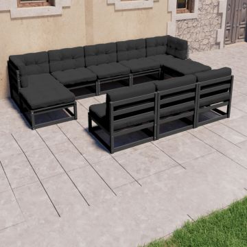 Set mobilier grădină cu perne, 8 piese, negru, lemn masiv pin