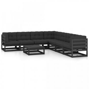Set mobilier grădină cu perne, 8 piese, negru, lemn masiv pin