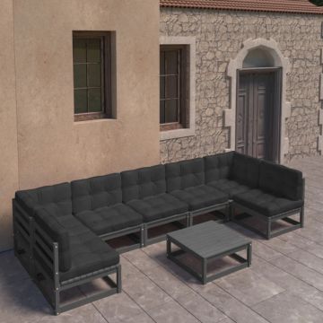 Set mobilier grădină cu perne, 8 piese, negru, lemn masiv pin