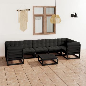 Set mobilier grădină cu perne, 8 piese, negru, lemn masiv pin