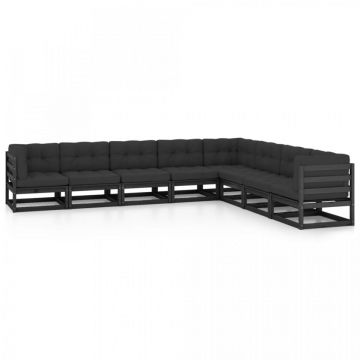 Set mobilier grădină cu perne, 8 piese, negru, lemn masiv pin