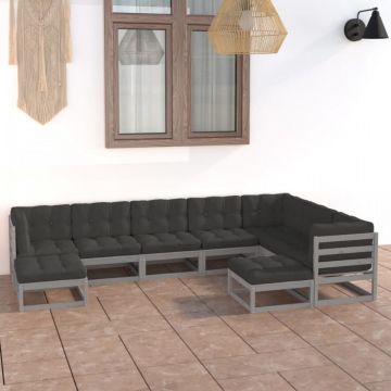 Set mobilier grădină cu perne, 9 piese, gri, lemn masiv de pin