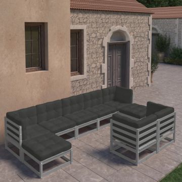 Set mobilier grădină cu perne, 9 piese, gri, lemn masiv de pin