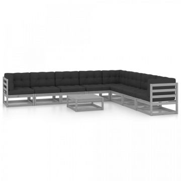 Set mobilier grădină cu perne, 9 piese, gri, lemn masiv de pin