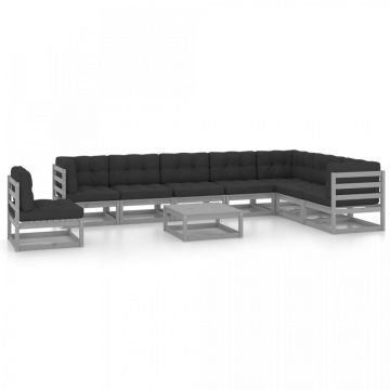 Set mobilier grădină cu perne, 9 piese, gri, lemn masiv de pin