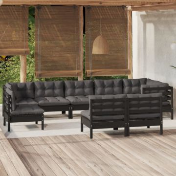 Set mobilier grădină cu perne, 9 piese, negru, lemn masiv pin