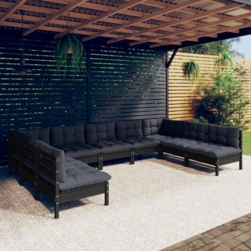 Set mobilier grădină cu perne, 9 piese, negru, lemn masiv pin