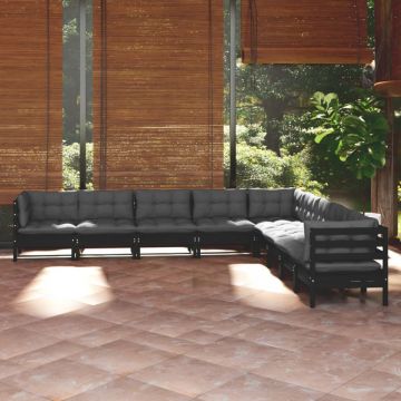 Set mobilier grădină cu perne, 9 piese, negru, lemn masiv pin