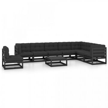 Set mobilier grădină cu perne, 9 piese, negru, lemn masiv pin