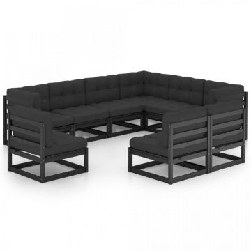 Set mobilier grădină cu perne, 9 piese, negru, lemn masiv pin