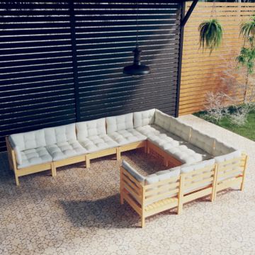 Set mobilier grădină cu perne crem, 10 piese, lemn de pin