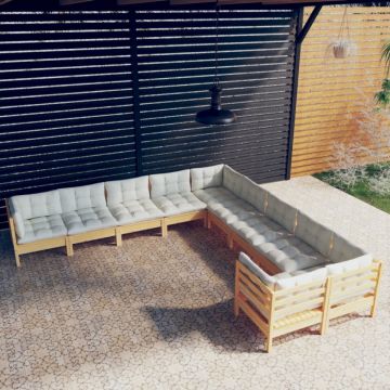 Set mobilier grădină cu perne crem, 10 piese, lemn de pin
