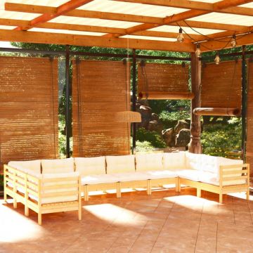 Set mobilier grădină cu perne crem, 10 piese, lemn masiv de pin