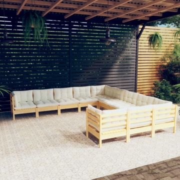 Set mobilier grădină cu perne crem, 11 piese, lemn de pin