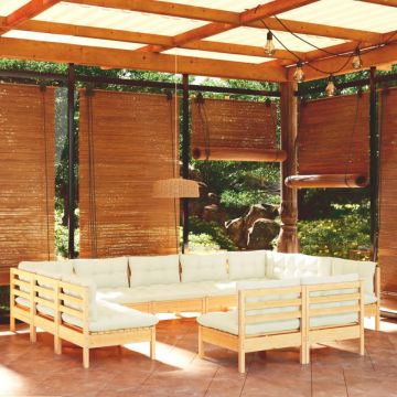 Set mobilier grădină cu perne crem, 11 piese, lemn masiv de pin