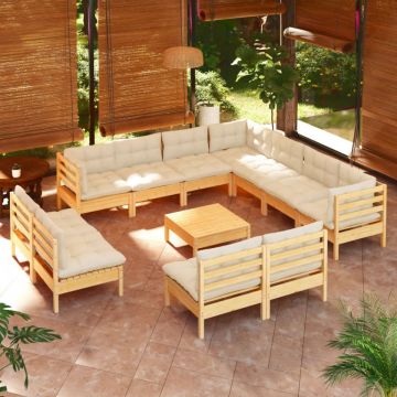 Set mobilier grădină cu perne crem, 12 piese, lemn masiv de pin