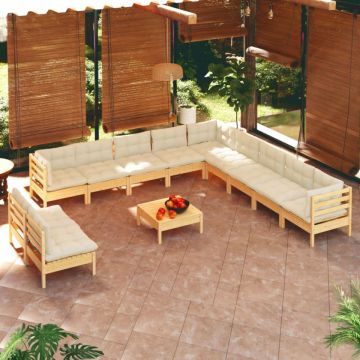 Set mobilier grădină cu perne crem, 12 piese, lemn masiv de pin