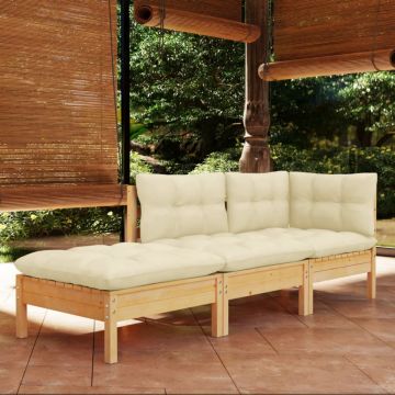 Set mobilier grădină cu perne crem, 3 piese, lemn masiv de pin
