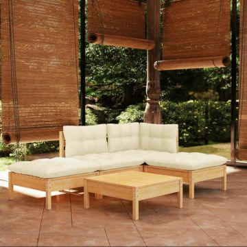 Set mobilier grădină cu perne crem, 5 piese, lemn de pin