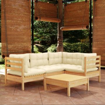 Set mobilier grădină cu perne crem, 5 piese, lemn de pin