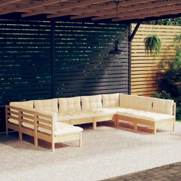 Set mobilier grădină cu perne crem, 9 piese, lemn masiv de pin